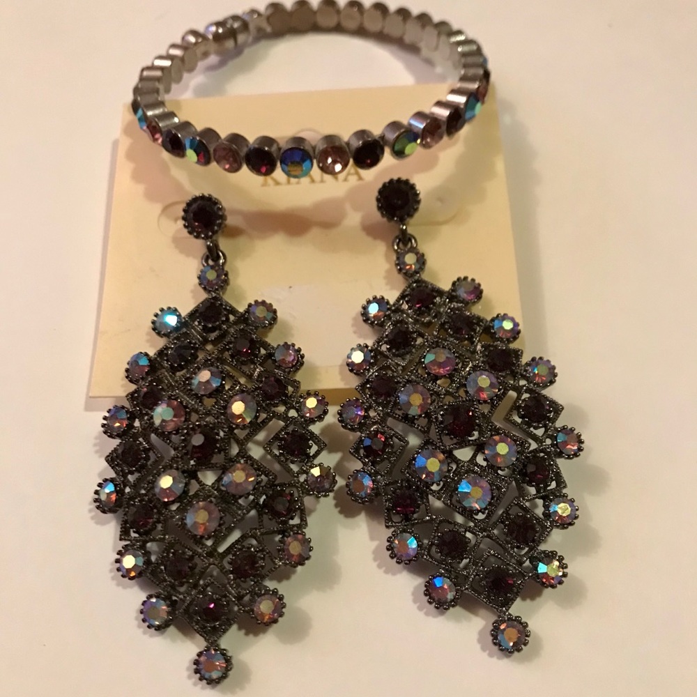 Purple and AB Stone Earring and Bracelet Set